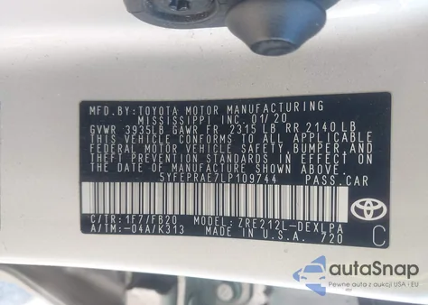 2020 Toyota Corolla Le from USA, damaged, VIN 5YFEPRAE7LP109744